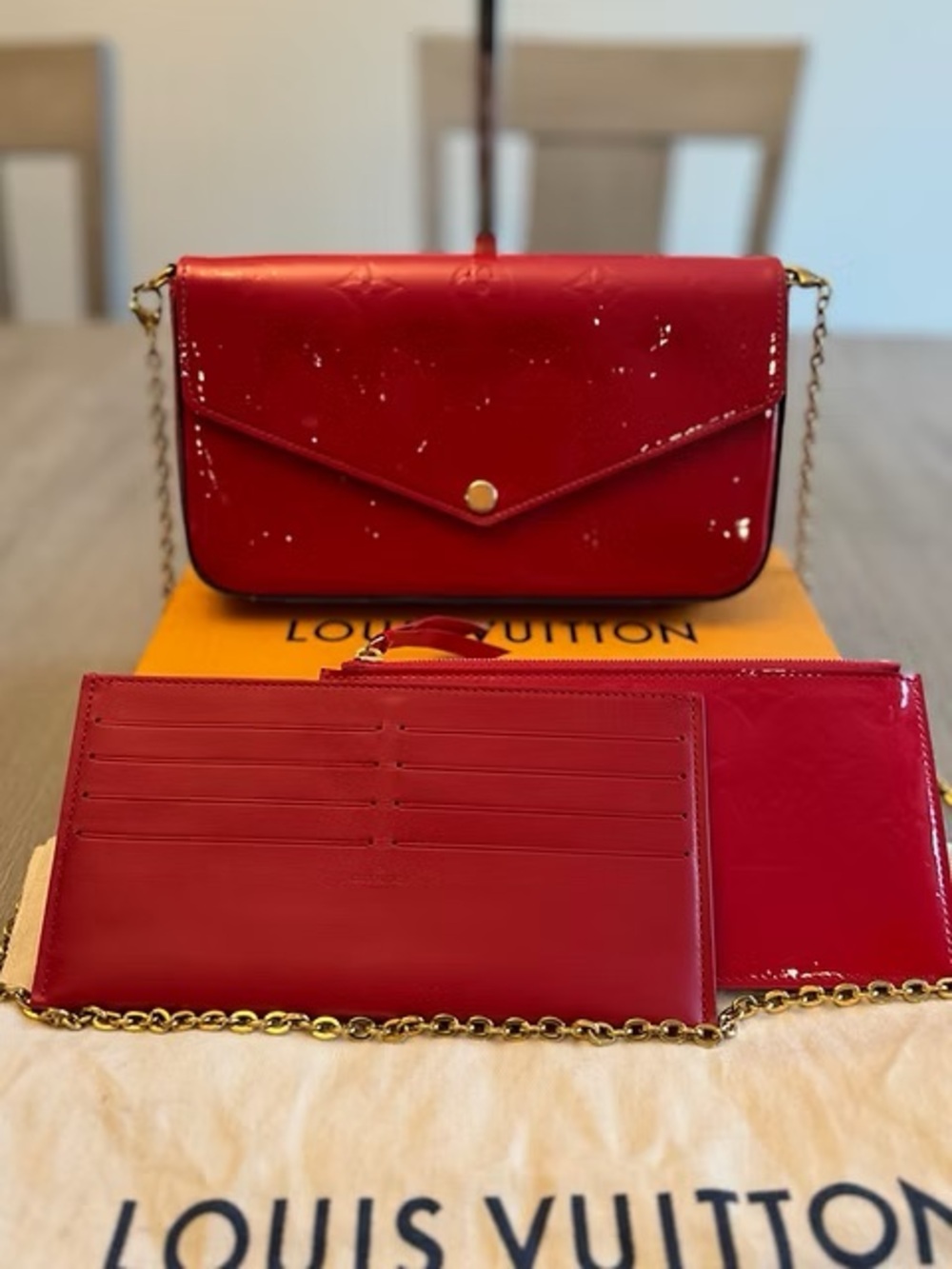 Louis Vuitton Red Vernis Envelope Crossbody with Gold Chain Authentic